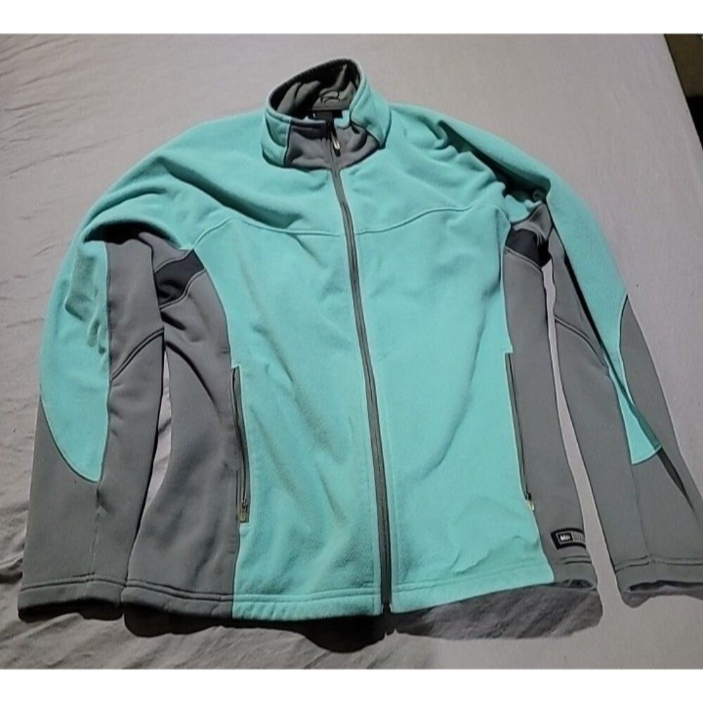 REI Polartec Fleece Jacket Outdoor Hiking Womens Large Aqua Blue/Gray W/Pockets
